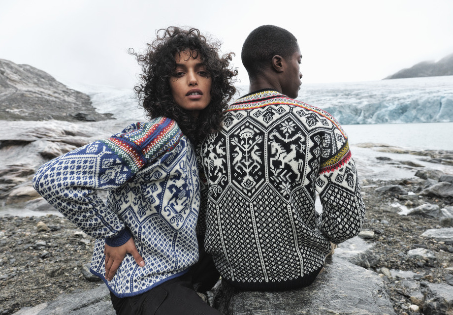 Male and female model wearing the 1994 Olympic Sweater from Dale of Norway