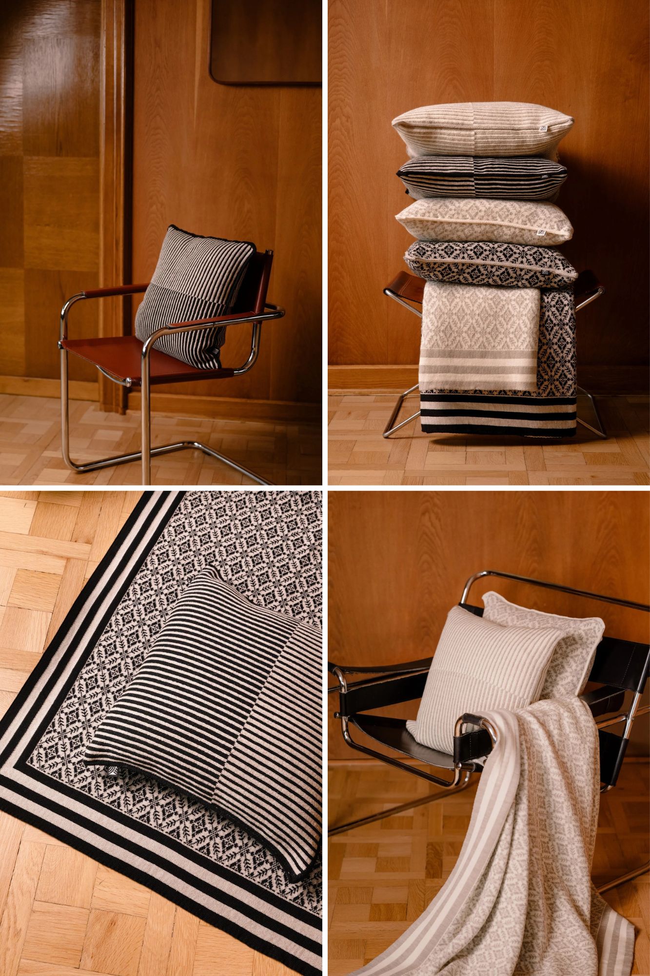 Pillows and blankets in black, grey and white