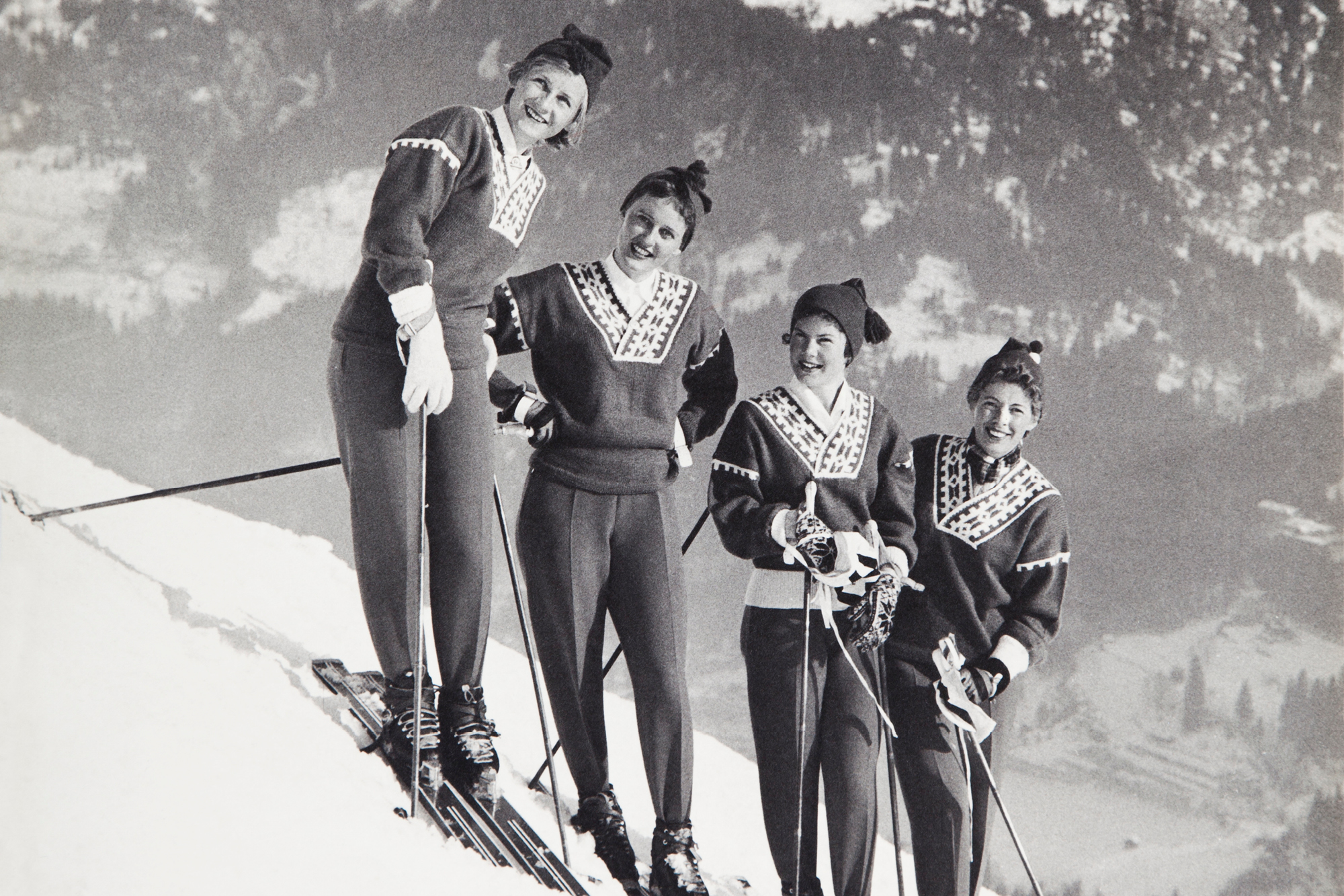 Female models skiing wearing the Dale of Norway 1958 World Alpine Ski Championships - Bad Gastein, Austria.