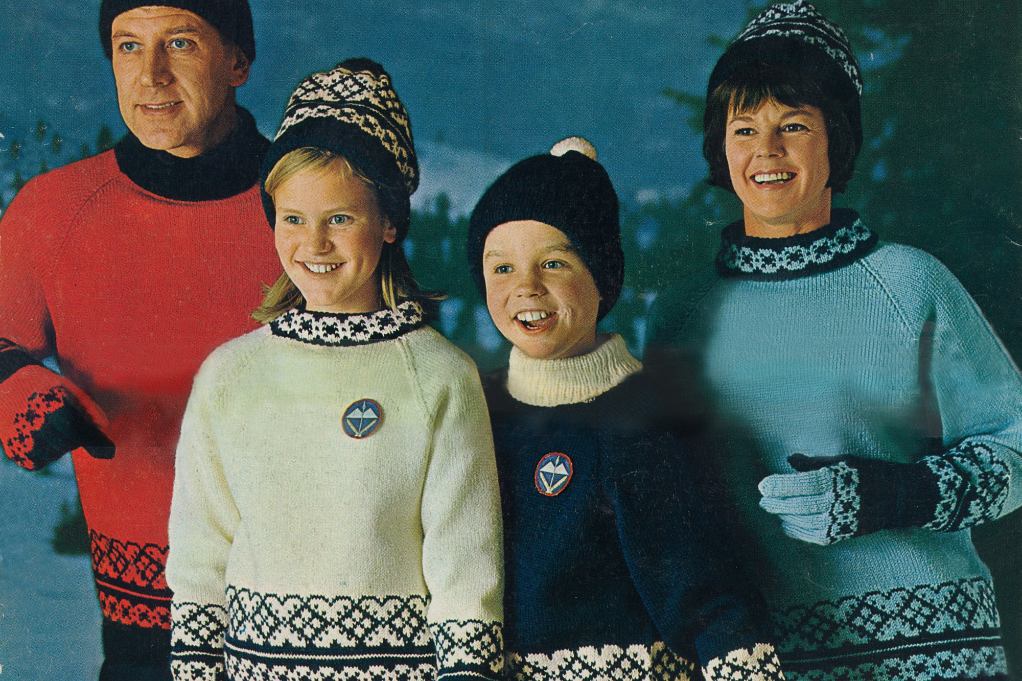 Family wearing the championship sweater from 1966. World Ski Championships - Innsbruck, Austria.
