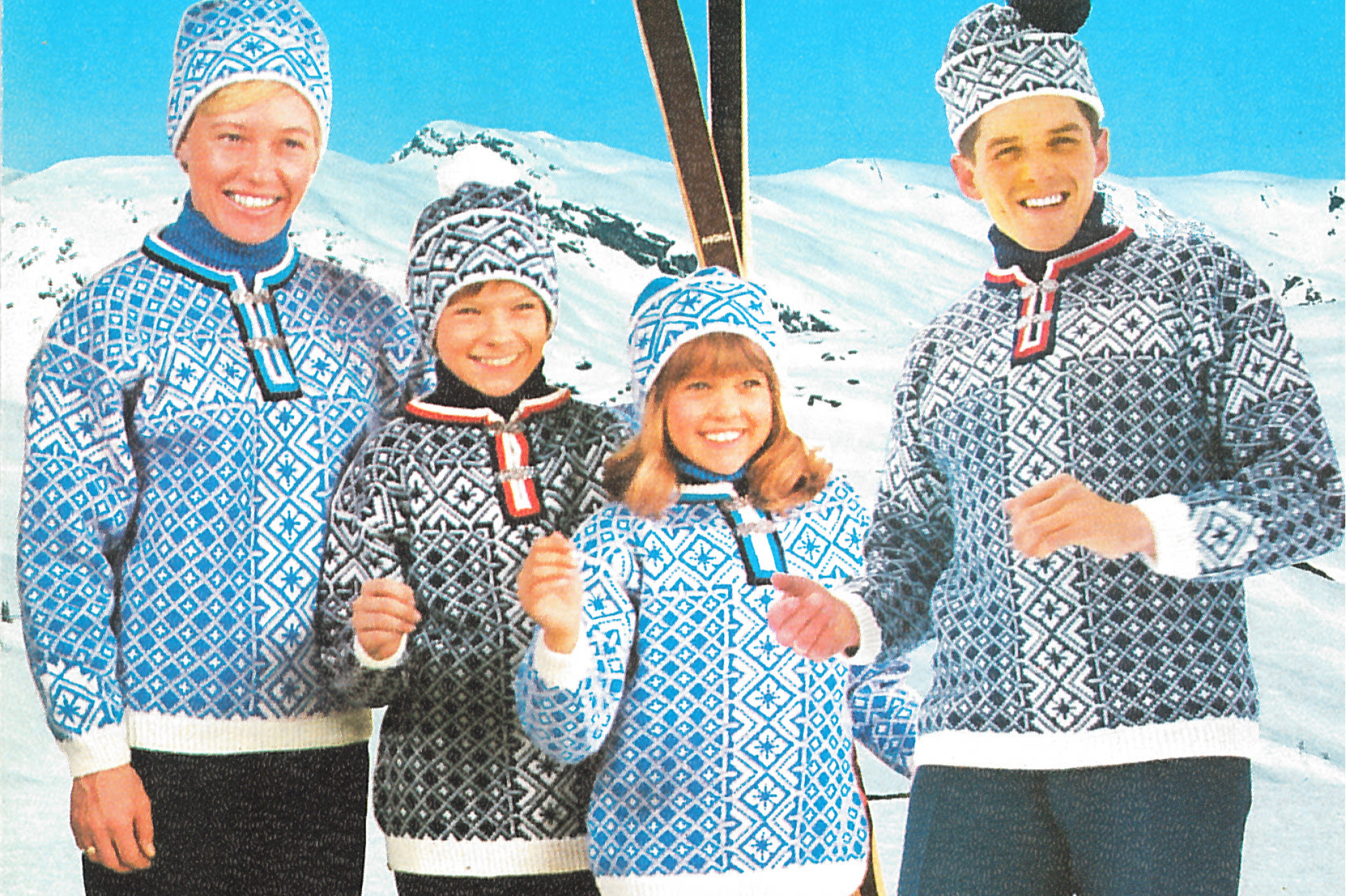 Family wearing the 1970s world championship sweater. 1970 World Ski Championships - Vysoké Tatry, former Czechoslovakia, now Slovakia.